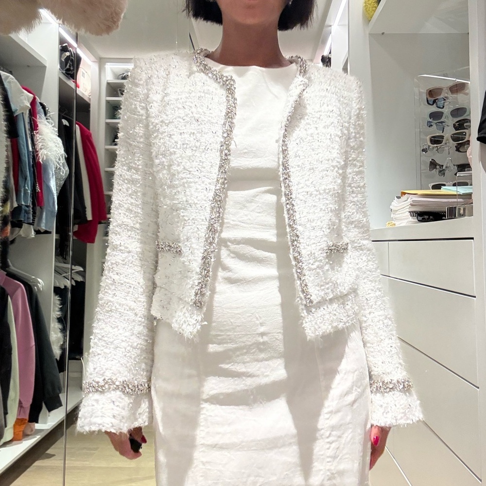 Statement Sparkle Tweed Jacket – Luxe White Crystal Trim